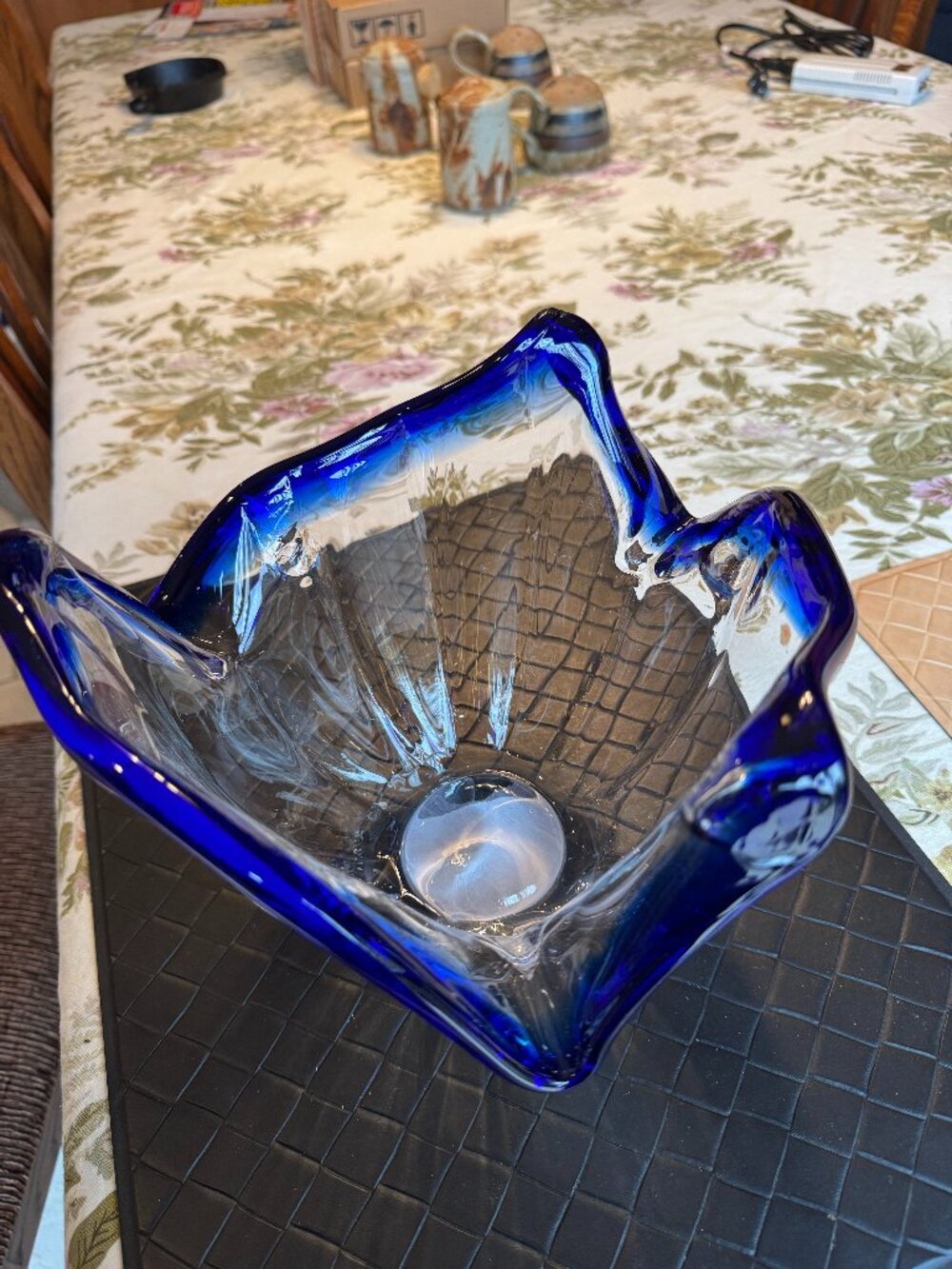 Art Glass White Crystal Bowl Murano Hand Made in Italy Clear /Cobalt Border